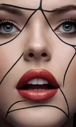a female face with some lines all over her body
