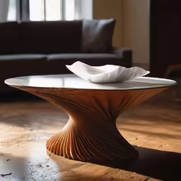 a coffee table with a plate and a napkin on it