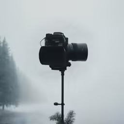 a camera mounted to a metal pole in the fog