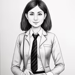 a black and white drawing of a woman in a suit