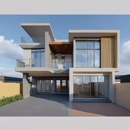 an architectural rendering of a contemporary, multi - level house