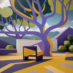 a painting on the wall of a building with trees and mountains in the background