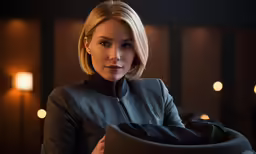 a woman sitting in a chair with a black jacket