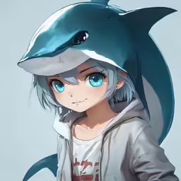 a woman wearing a shark mask and hoodie