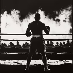 black and white photograph of boxers standing in ring