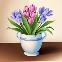 a painting of purple and pink tulips in a teapot
