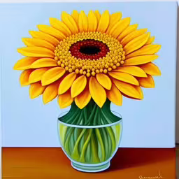 a painting of a sunflower in a vase,a painted yellow flower in a white vase