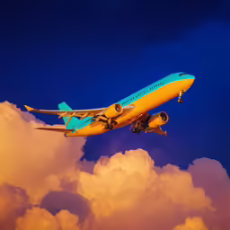 blue and yellow airplane flying over clouds in the night
