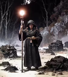 a man wearing black clothes and holding a light in his hand