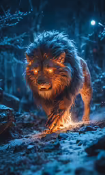 an evil looking hairy animal runs through the forest