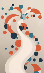 a painting with a white and orange design with blue circles