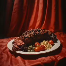 a roast on a plate with pasta, cherry tomatoes, and other vegetables