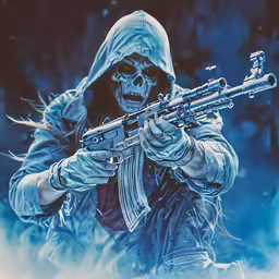 a painting of a skeleton holding a rifle