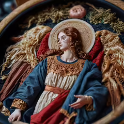 an elaborate painted sculpture in a wooden bowl