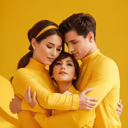 three people hugging and looking at something on the wall