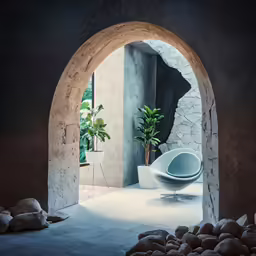 an arched doorway that leads to another room with a potted plant in the center
