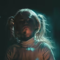 a young girl with blond hair and blue eyes