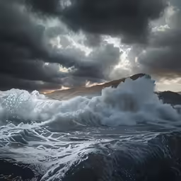 a huge wave with dark clouds on the horizon