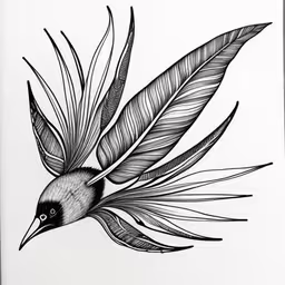 a drawing of a small black bird with a long, thin wing,a bird with a plant on the back of it