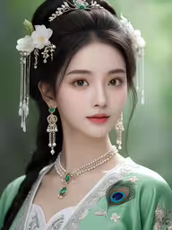 the beautiful asian woman in a green dress,a woman in green dress with a peacock decoration