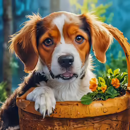 a brown and white dog laying in a basket of flowers