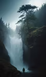 person walking toward a waterfall on a foggy night