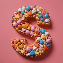 a number made from colorful candies is shown on a pink background