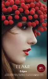 a woman with red lipstick and red berries on her head