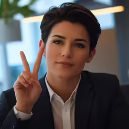 a person with a short hair is making the v sign