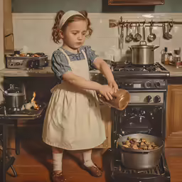 the little girl is preparing food in the kitchen