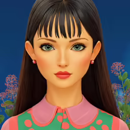 a cartoon girl in pink and green with long black hair