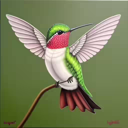 a painting of a humming bird perched on a tree limb,a small bird with a green breast and white wings