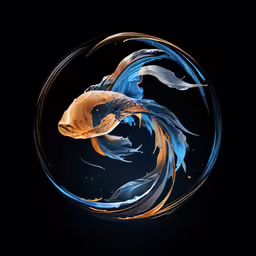 abstract painting of gold fish in a round glass