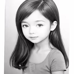 a girl with long dark hair in black and white