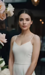 a woman standing in front of a white rose bush