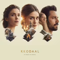 the poster for k - d a i, featuring two women and a man in suits