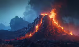 a huge mountain covered in red fire with mountains surrounding it