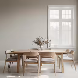 a white room with wooden furniture and a flower vase