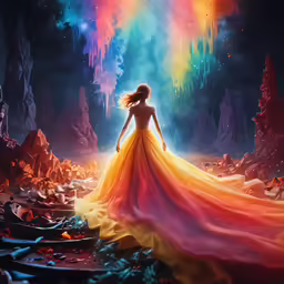 a woman wearing a colorful gown standing on a rocky ground
