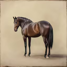 a dark brown horse with a tan background