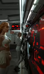 some very pretty woman in white clothes near some machines