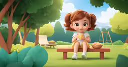 a little girl with a cup of coffee sits on a bench in a lush green park