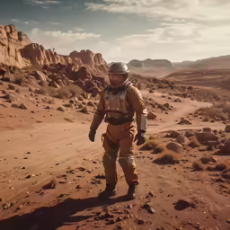 a man walking through the desert with sand and rocky mountains in the background