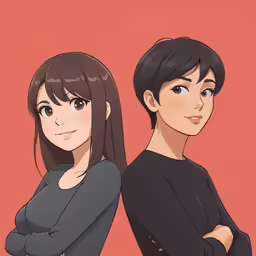 two women wearing black clothes and blue eyes