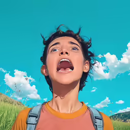boy with mouth wide open on field with grass in foreground