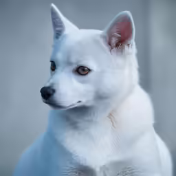 a close up photo of a white dog looking