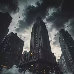 a sky full of dark clouds and buildings