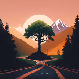 the art is designed with minimalism and lines,an abstract painting of a tree in the middle of a road