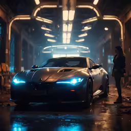 a futuristic sports car parked in an industrial area