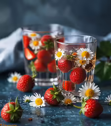 a glass filled with water and strawberries next to flowers